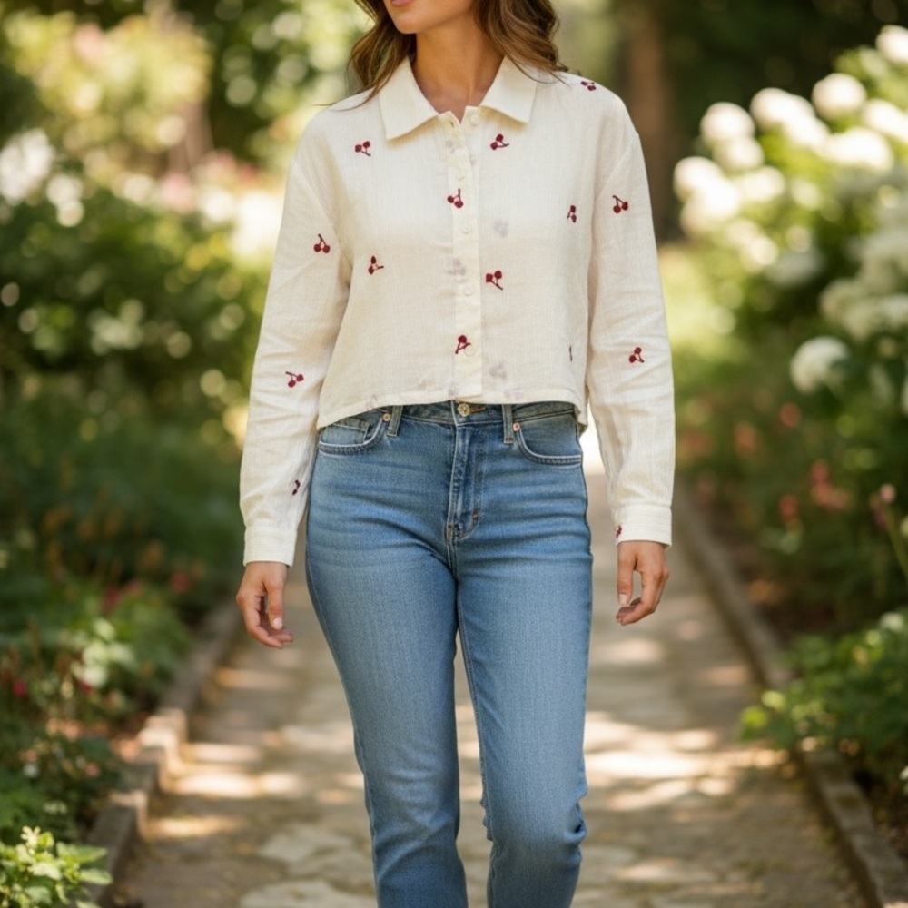 Honey Seed Cropped Blouse Cherry Embroidered Women's XS Cream Red Long Sleeves